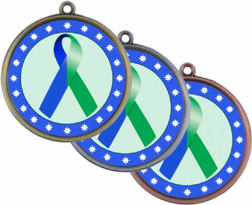 Blue Green Ribbon Awareness 2 1/4" Award Medal