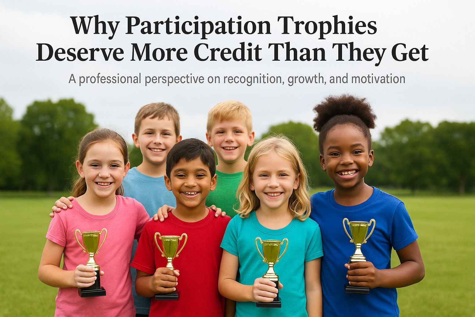 Children holding participation trophies