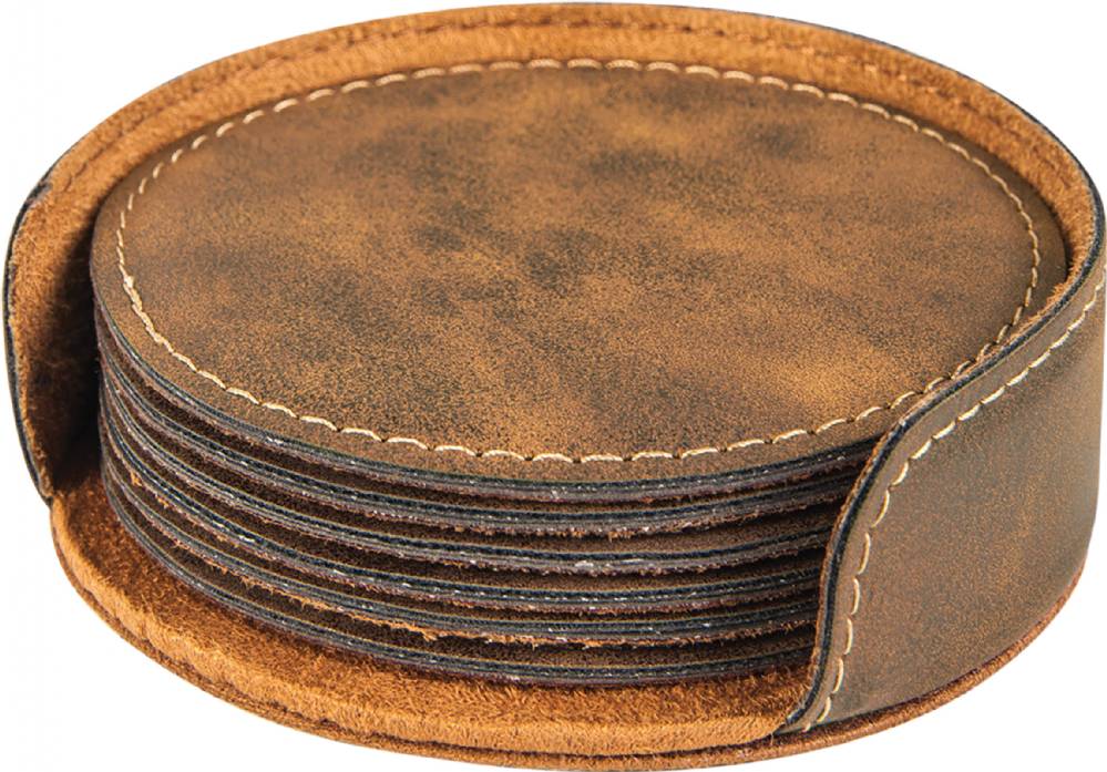 4 Rustic Round Leatherette 6-Coaster Set