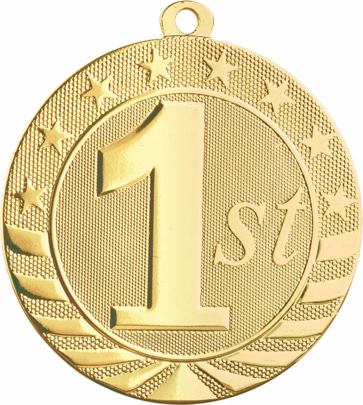 bright gold soccer medal 2" diameter on wide white neck drape