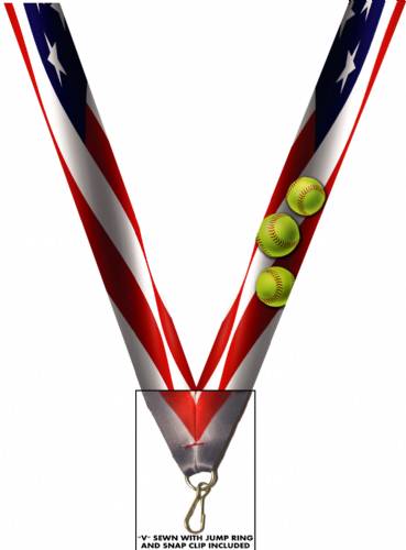 1 1/2" x 32" USA Graphic Softball Image Wide Neck Ribbon w/ Snap Clip