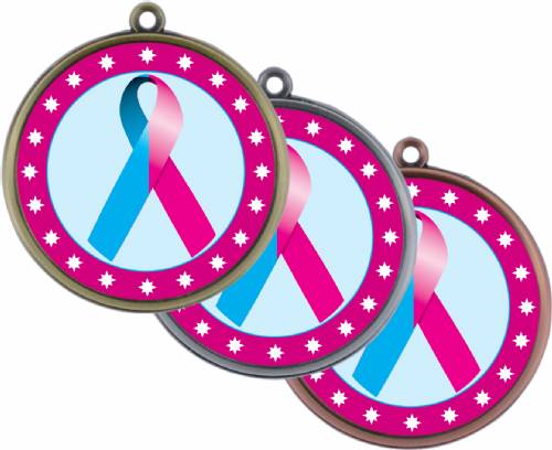 Light Blue Pink Ribbon Awareness 2 1/4" Award Medal