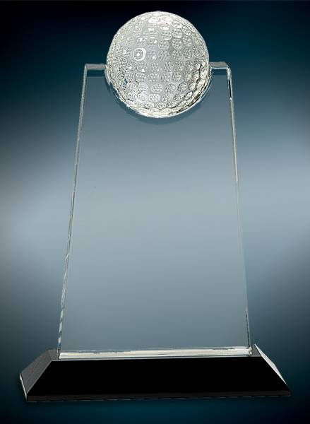 9" Clear Crystal Tablet with Inset Golf Ball on Black Pedestal Base