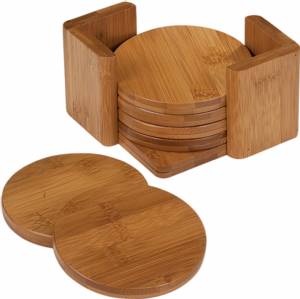 Bamboo Round 6 Coaster Set with Holder