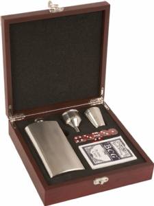 Rosewood Finish Cards Dice and Flask Gift Set