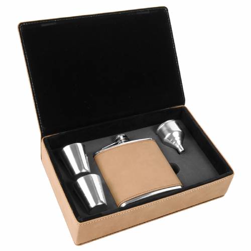 6 oz. Light Brown Leatherette Flask Gift Set