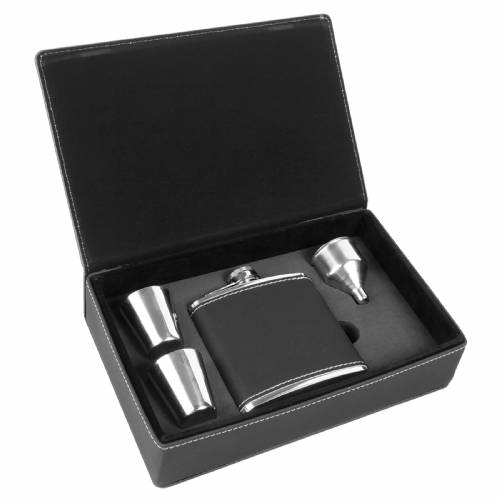 6 oz. Black & Silver Leatherette Flask Gift Set