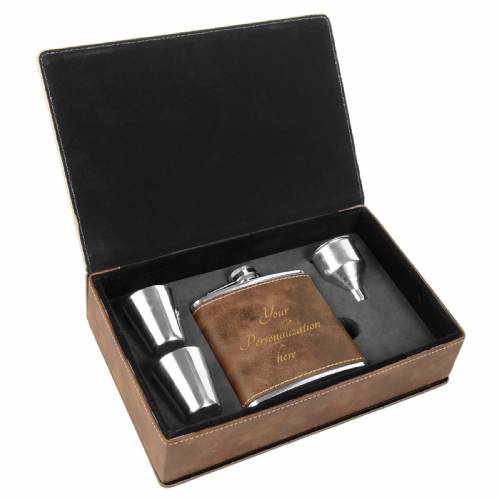 6 oz. Rustic / Gold Leatherette Flask Gift Set #4
