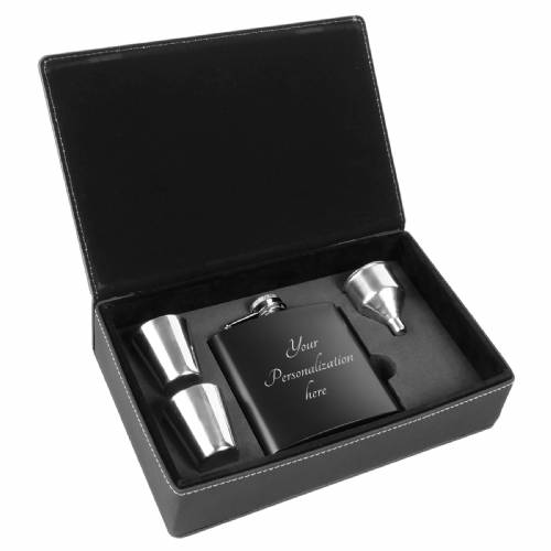6 oz. Black & Stainless Steel Leatherette Flask Gift Set #4