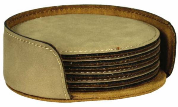 4" Light Brown Round Leatherette 6-Coaster Set