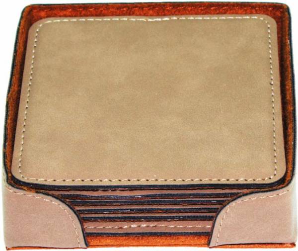 4" Light Brown Square Leatherette 6-Coaster Set