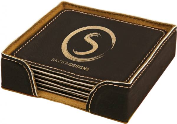 4" Black Gold Square Leatherette 6-Coaster Set #3