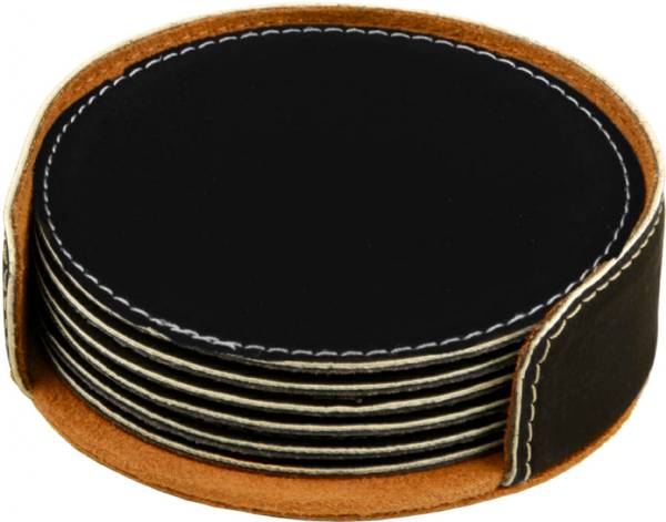 4" Black Silver Round Leatherette 6-Coaster Set