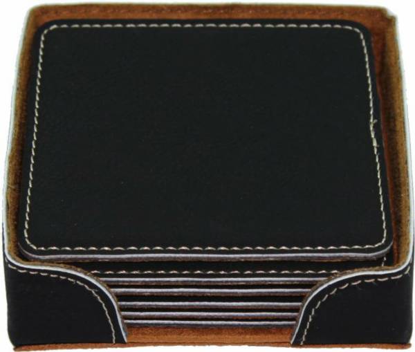 4" Black Silver Square Leatherette 6-Coaster Set