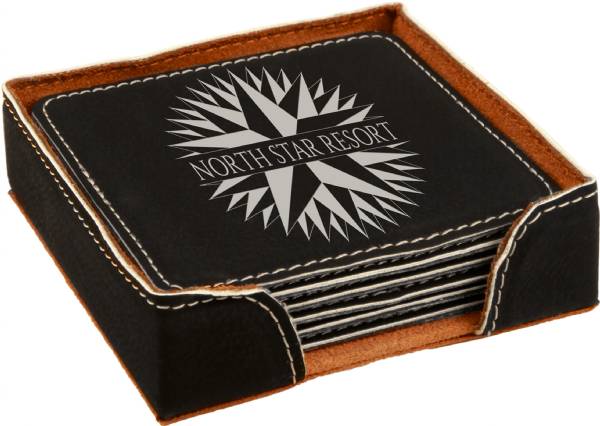 4" Black Silver Square Leatherette 6-Coaster Set #3