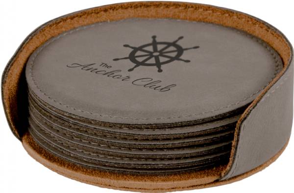 4" Gray Round Leatherette 6-Coaster Set #3