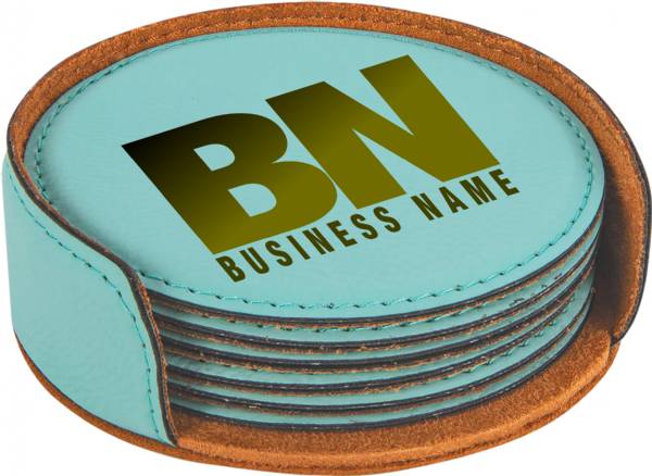 4" Teal Round Leatherette 6-Coaster Set #2