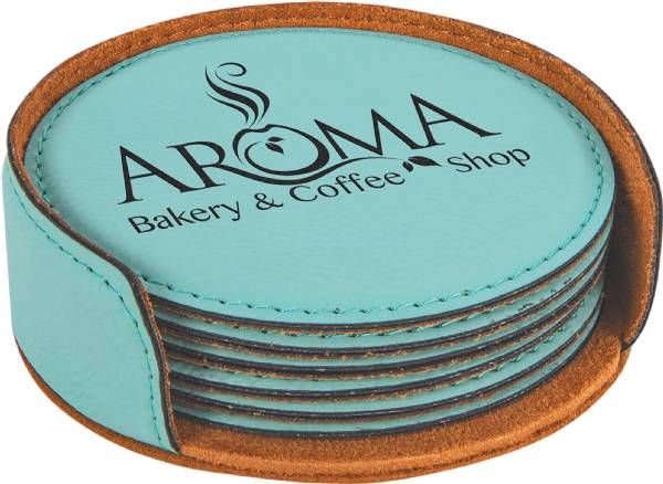 4" Teal Round Leatherette 6-Coaster Set #3