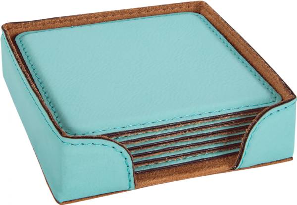 4" Teal Square Leatherette 6-Coaster Set