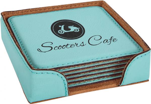 4" Teal Square Leatherette 6-Coaster Set #3