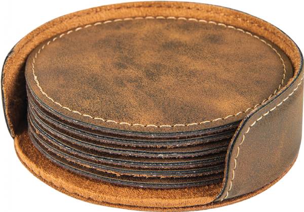 4" Rustic Round Leatherette 6-Coaster Set