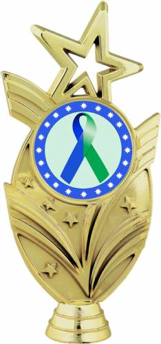 Gold 6 3/4" Blue Green Ribbon Awareness Trophy Figure