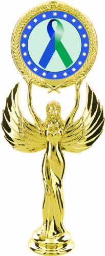 Gold 7 1/2" Blue Green Ribbon Awareness Trophy Figure