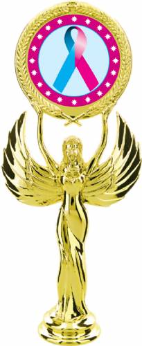 Gold 7 1/2" Light Blue Pink Ribbon Awareness Trophy Figure