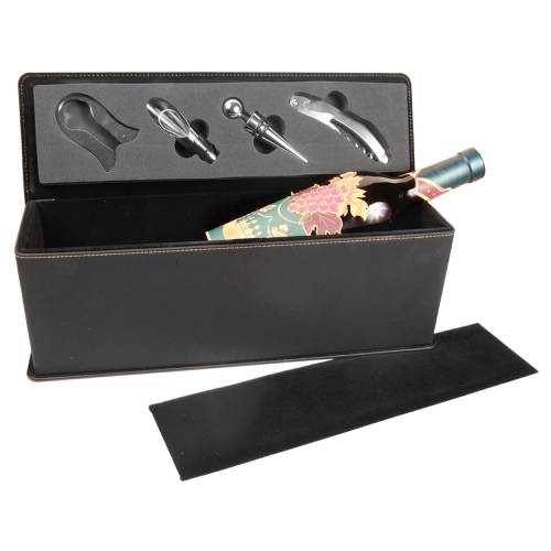 Black / Gold Leatherette Single Wine Box with Tools