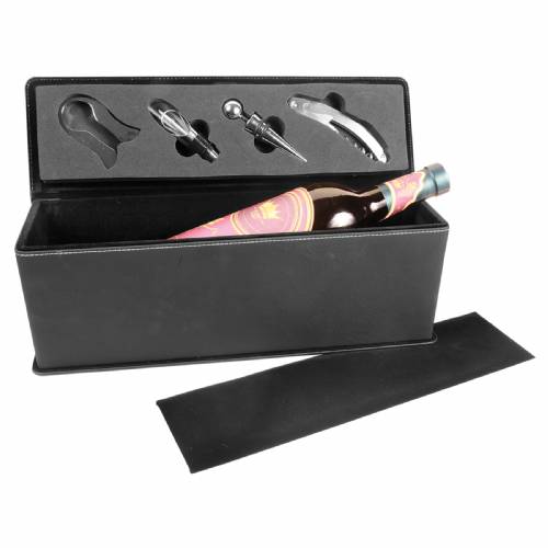 Black / Silver Leatherette Single Wine Box with Tools