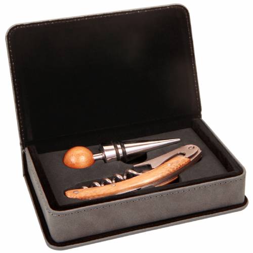 Gray Leatherette Two Piece Wine Tool Set