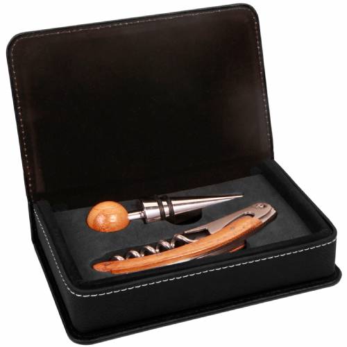 Black / Silver Leatherette Two Piece Wine Tool Set