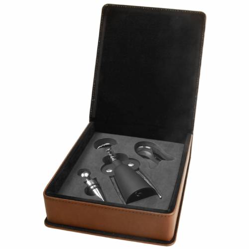 Dark Brown Leatherette Three Piece Wine Tool Set