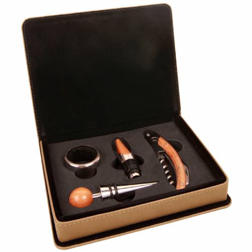 Light Brown Leatherette Four Piece Wine Tool Set