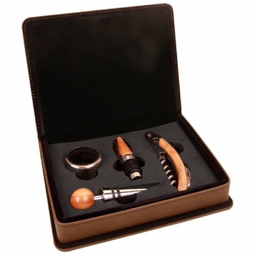 Dark Brown Leatherette Four Piece Wine Tool Set