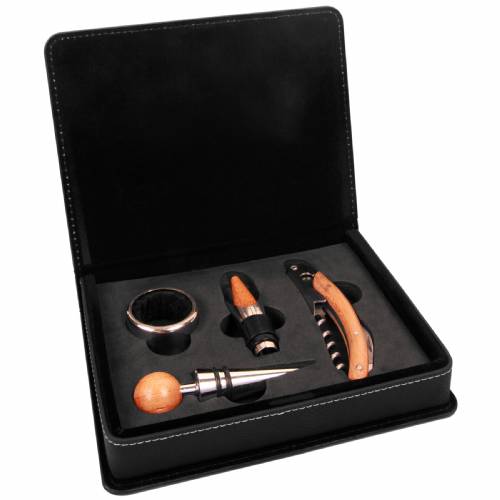 Black / Gold Leatherette Four Piece Wine Tool Set