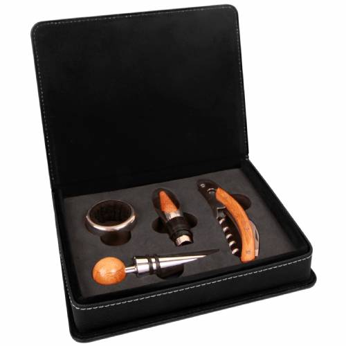 Black / Silver Leatherette Four Piece Wine Tool Set