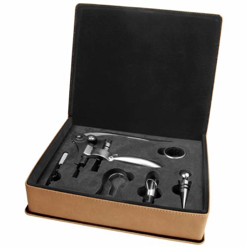 Light Brown Leatherette Five Piece Wine Tool Set