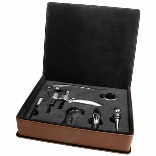 Dark Brown Leatherette Five Piece Wine Tool Set