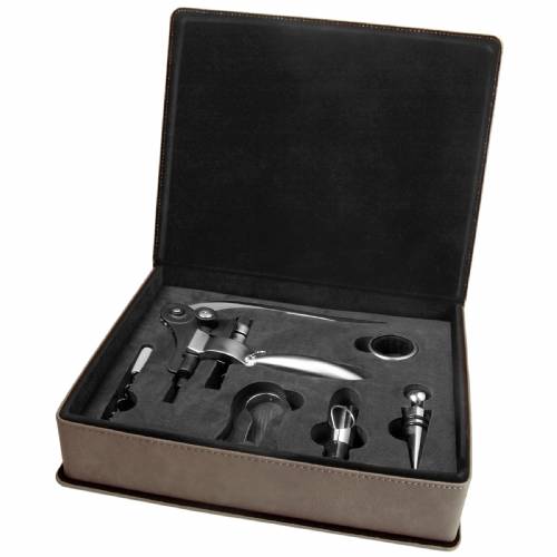 Gray Leatherette Five Piece Wine Tool Set