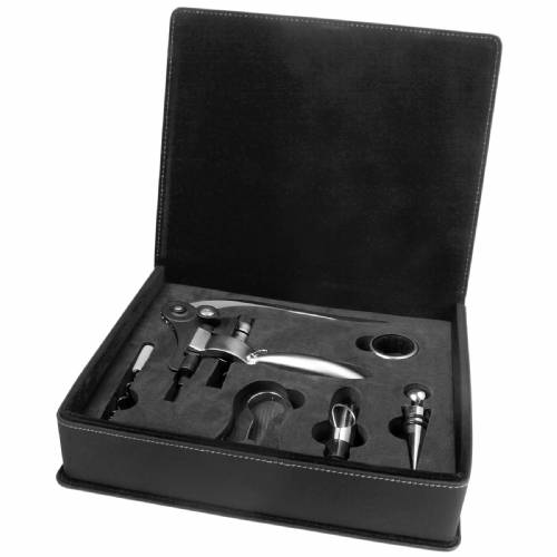 Black & Silver Leatherette Five Piece Wine Tool Set