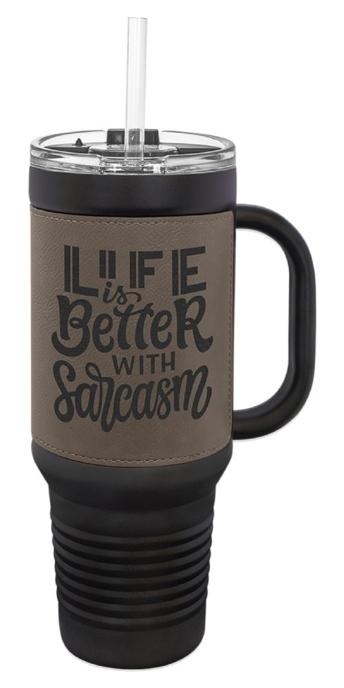 Black 40oz Polar Camel Vacuum Insulated Travel Mug with Gray/Black Leatherette Grip and Straw #2