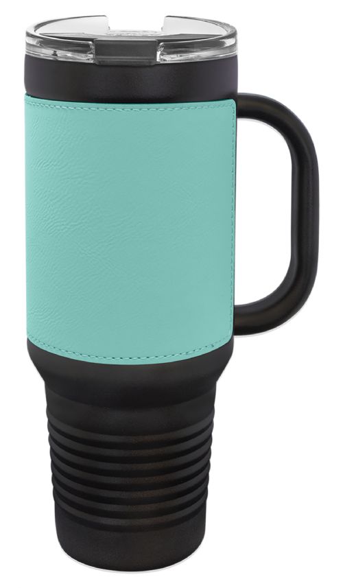 Black 40oz Polar Camel Vacuum Insulated Travel Mug with Teal/Black Leatherette Grip and Straw