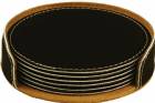 4" Black Gold Round Leatherette 6-Coaster Set